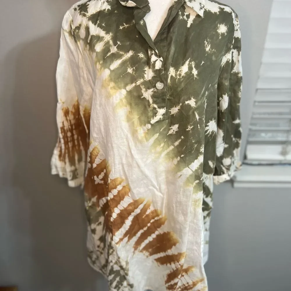 Xovi Linen Shirt Green Medium Tie Dye Tunic Length Pockets Convert Sleeves - Picture 2 of 13